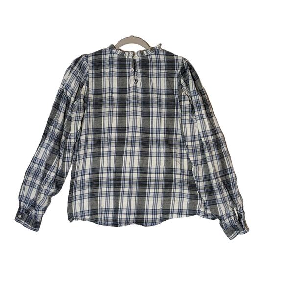 Universal Thread Plaid Flannel Shirt Medium Blue Gray Ruffle Neck Long Sleeves - Picture 9 of 9